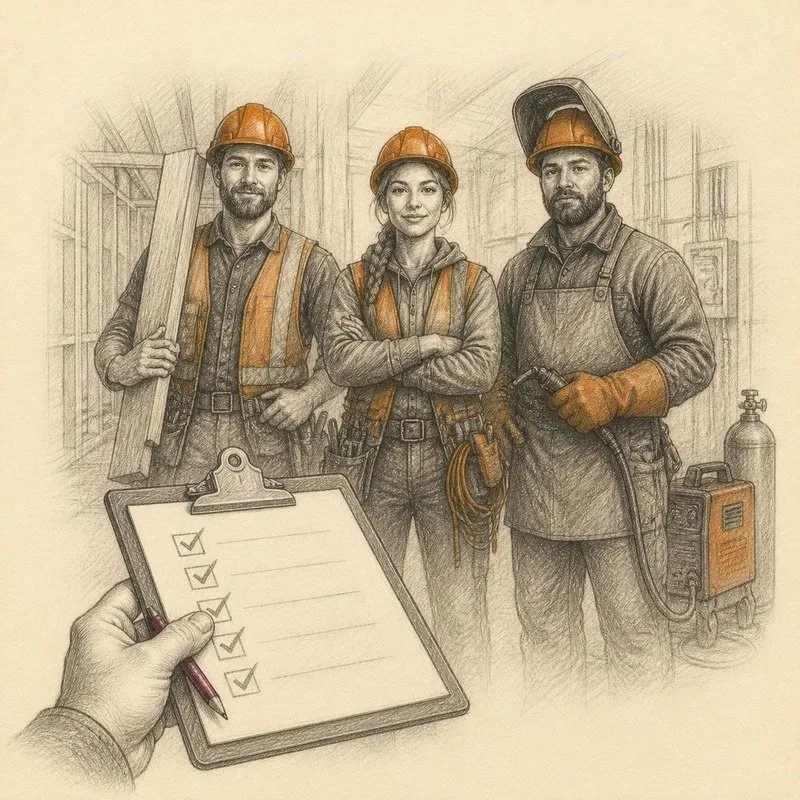 Pencil sketch of pre-screened tradespeople with a hiring checklist