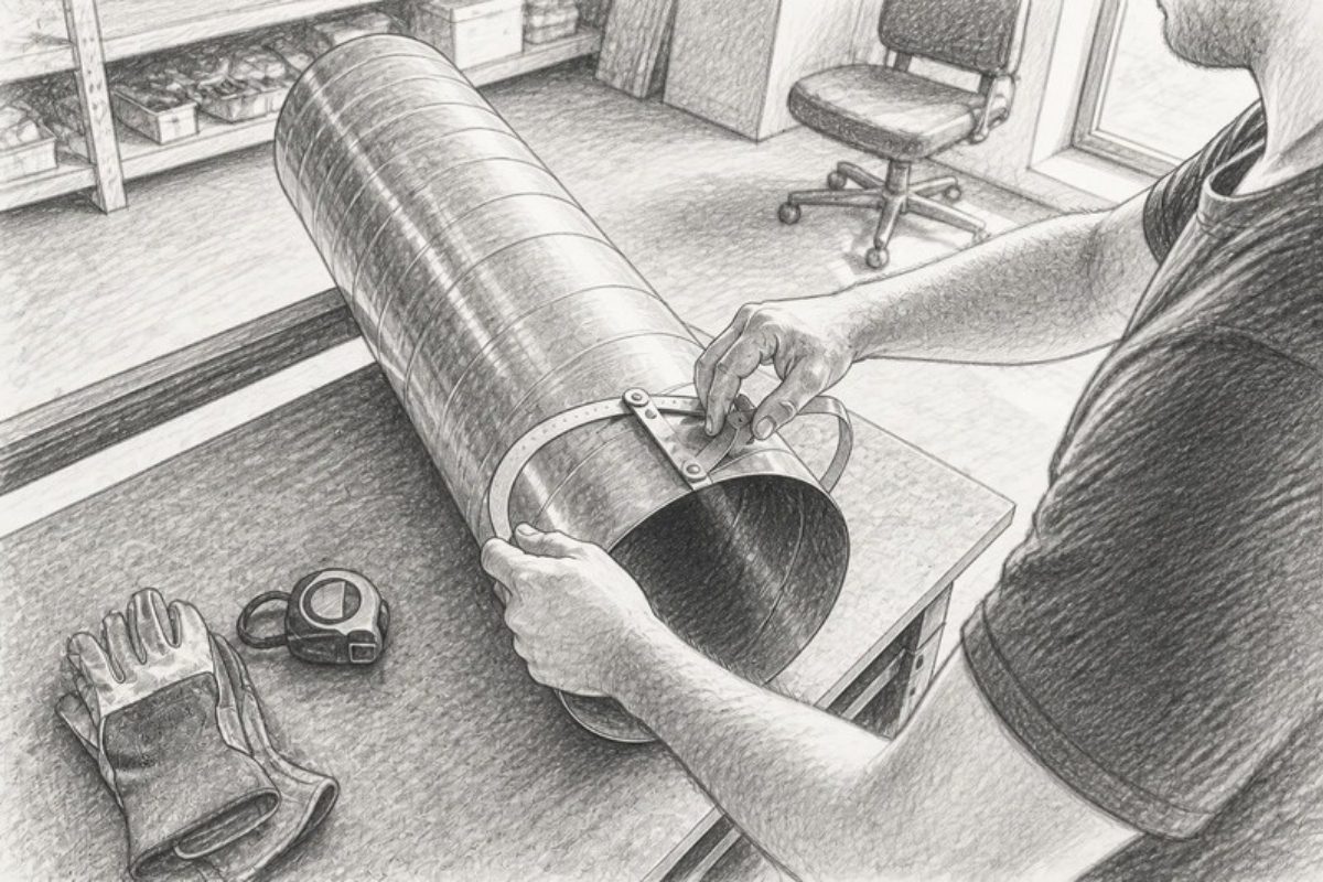 Sketch of hands measuring duct diameter in mechanical room