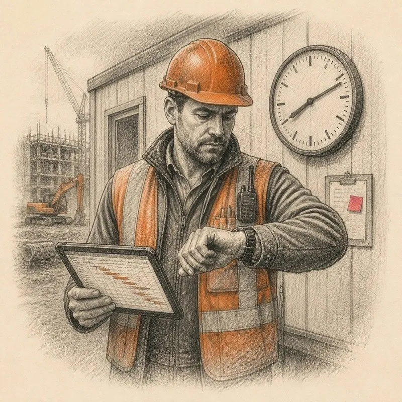 Pencil sketch of a superintendent checking the schedule and the time on site