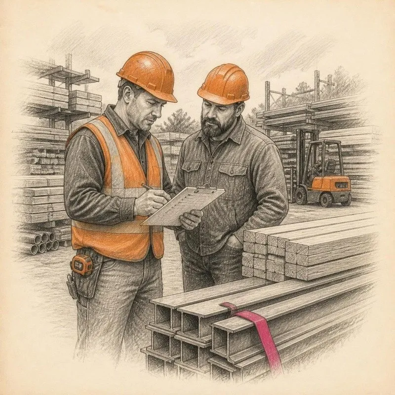 Pencil sketch of a contractor and supplier reviewing a checklist at a materials yard