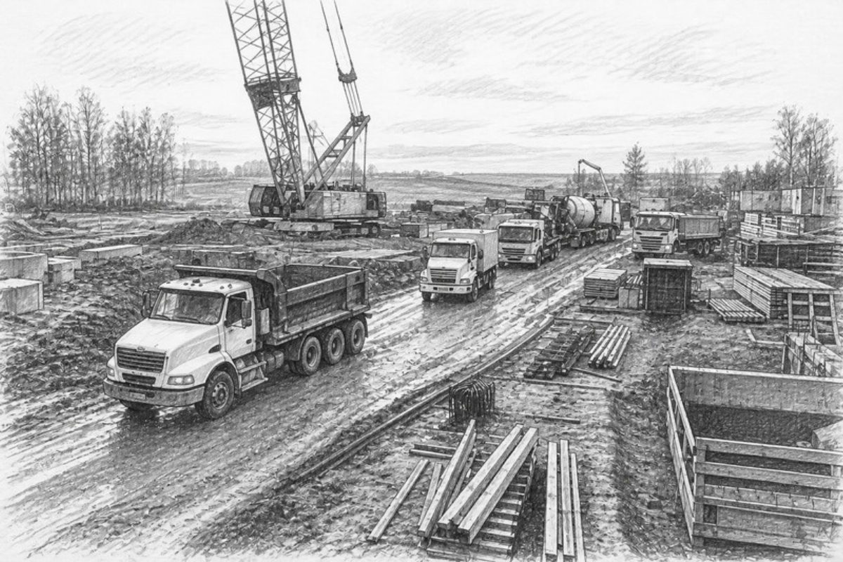 Sketch of construction site showing equipment and staging bottleneck