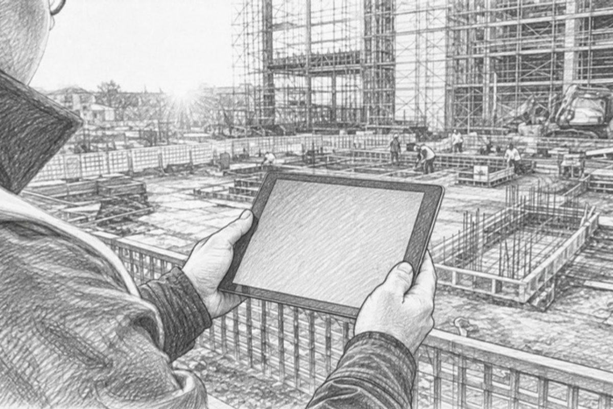 Sketch of hands holding tablet at construction site