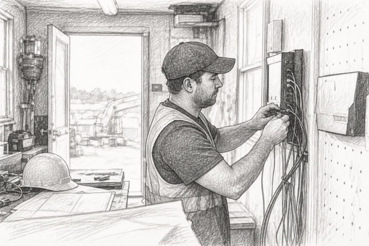 Sketch of hands wiring communication panel at construction site