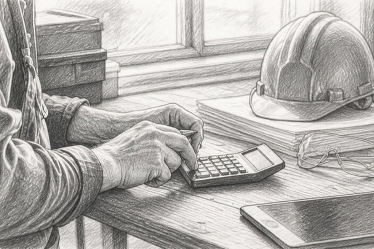 Sketch of hands calculating payroll data at construction site