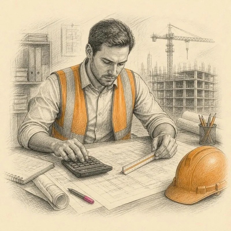 Pencil sketch of an estimator pricing blueprints with a calculator