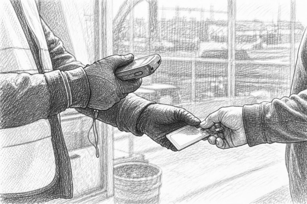 Sketch of hands scanning ID badge at construction site entrance