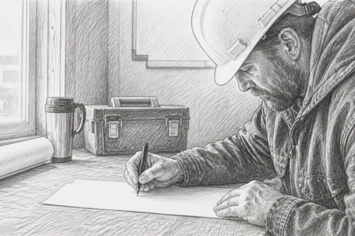 Sketch of contractor signing lien waiver document