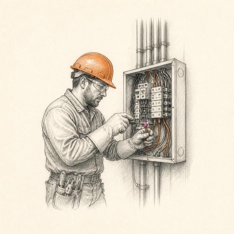 Pencil sketch of an electrician working in an open commercial electrical panel