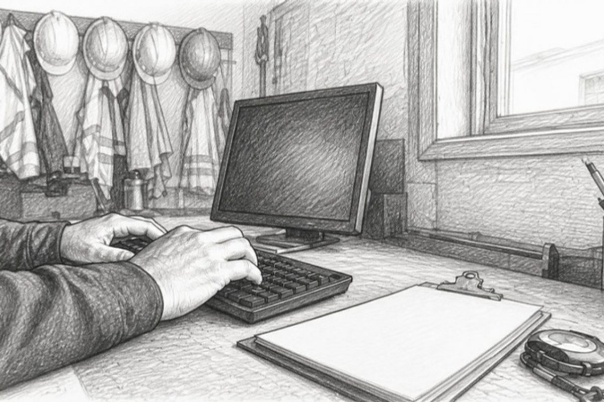 Sketch of hands typing on dark keyboard near construction gear