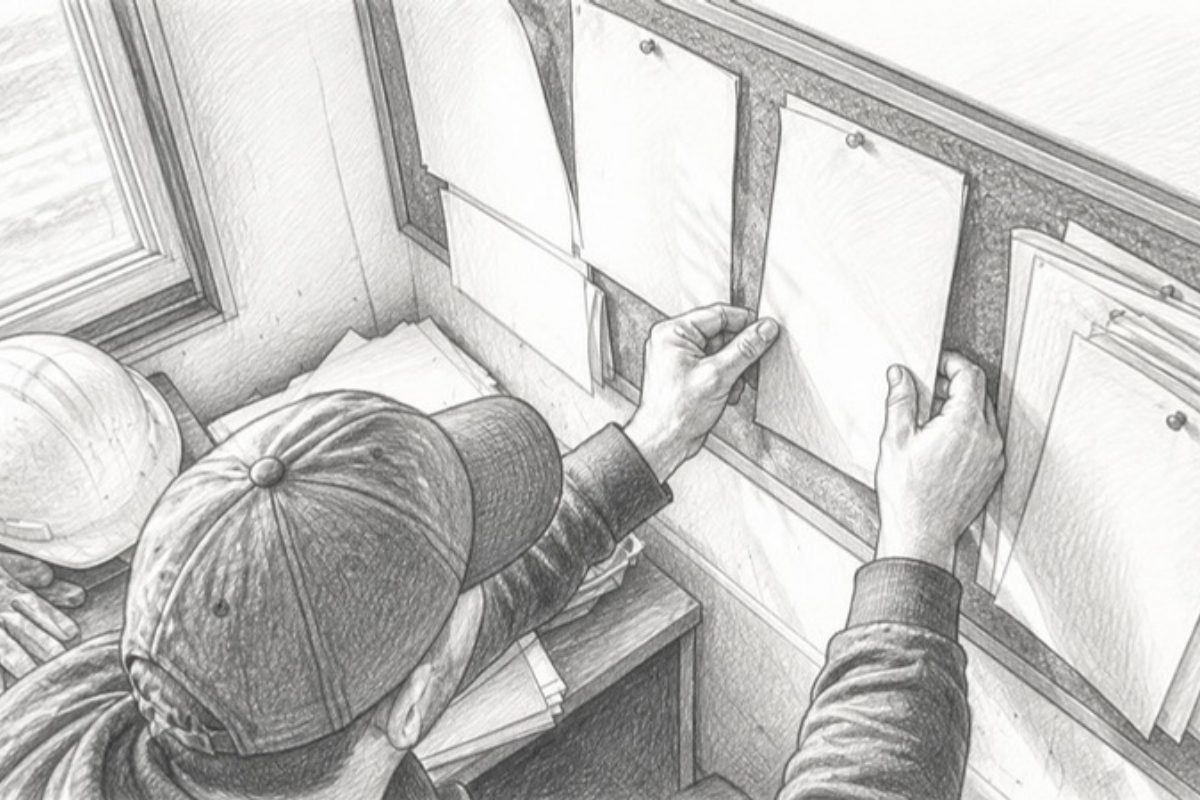 Sketch of hands pinning subcontractor documents on cork board