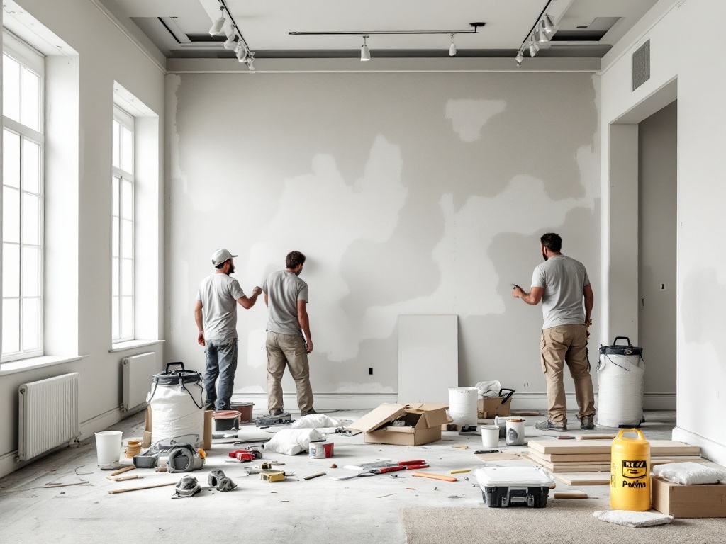 Interior renovations in progress with workers installing drywall and painting, showcasing the expertise of R.CS Contractors of Illinois.