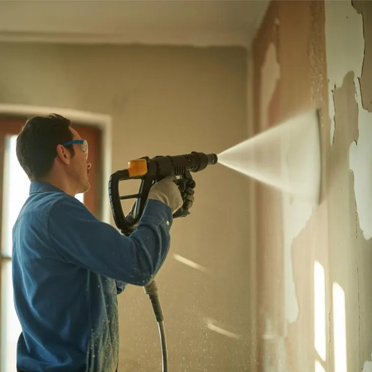 High-pressure water blasting on building exterior