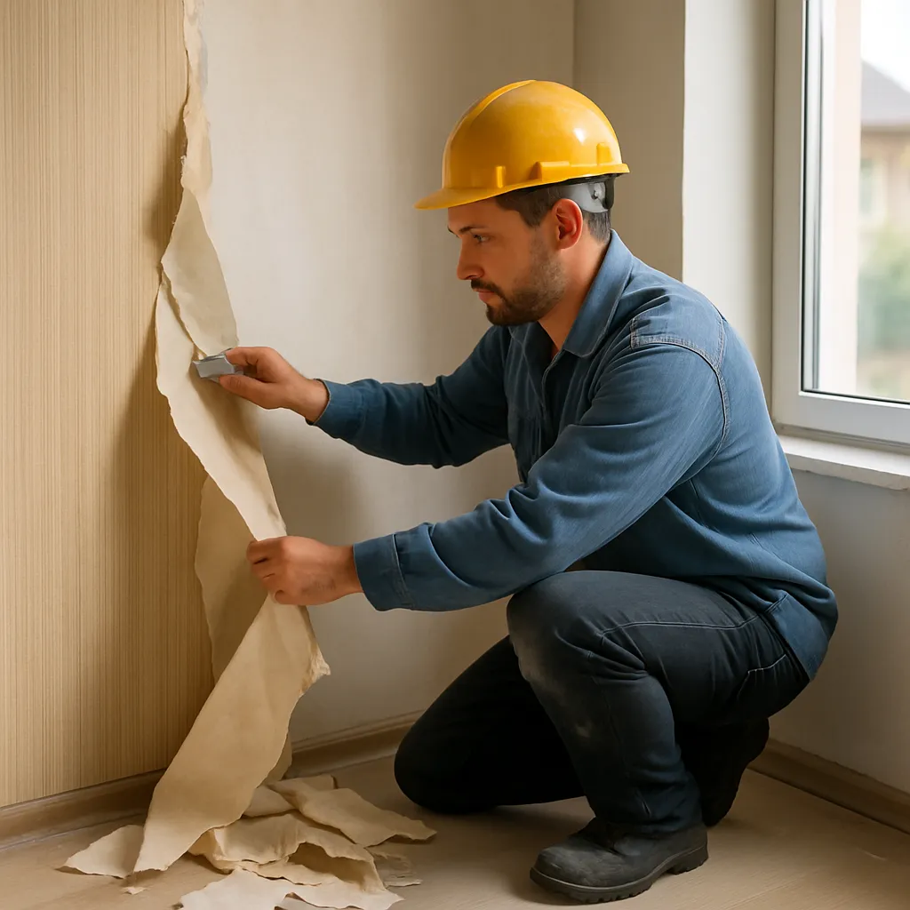 Worker installing wallpaper after wall skimming
