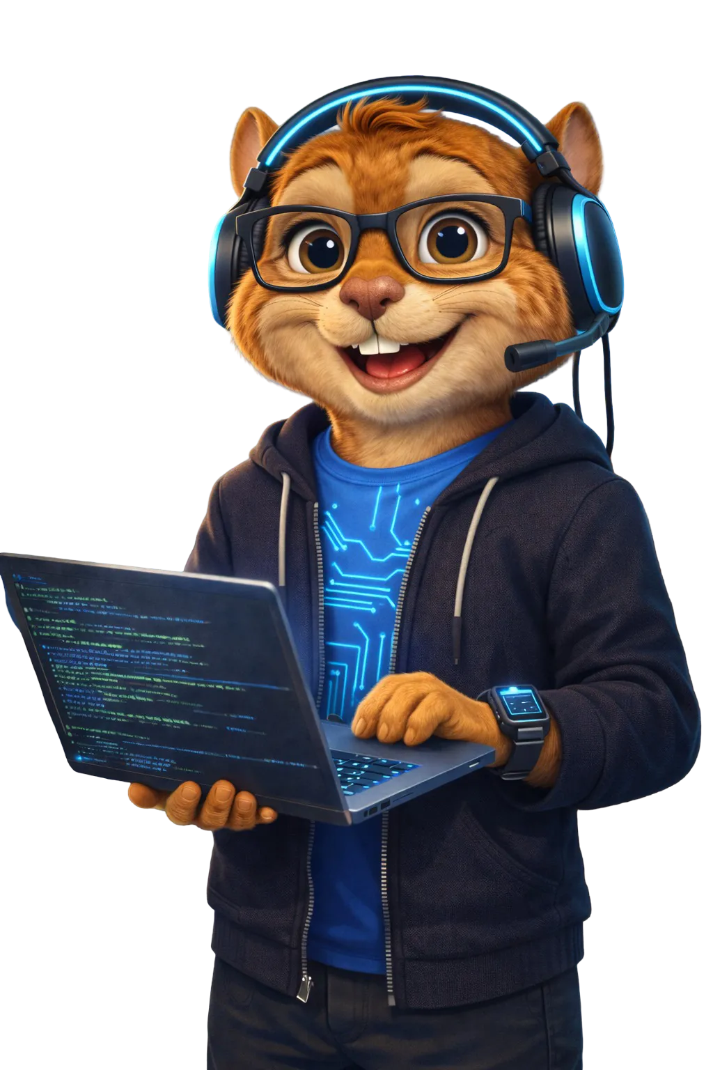 A modern commercial building with glass facades, blue digital lines overlaying the structure, and a subtle cityscape in the background, symbolizing the fusion of technology and construction expertise.