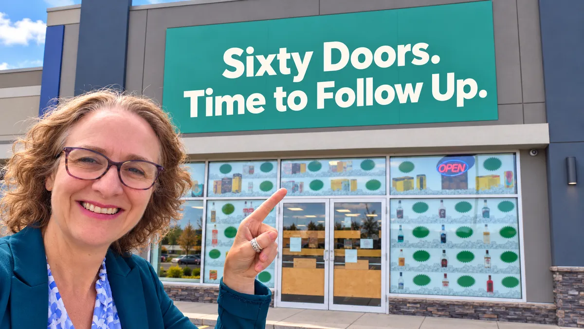 woman pointing to a door - title: sixty doors time to follow up