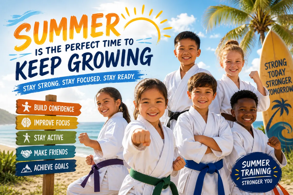 Happy Martial arts kids training, but still enjoying summer vacation