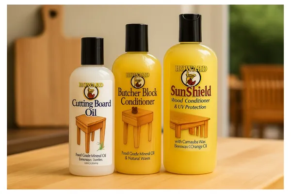 3 bottles of Howard Products - ctting board oil, butcher block conditioner, and sun shield outdoor furniture UV Protecant