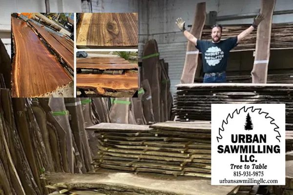 Asdam the owner of Urban Sawmill standing in a warehouse full of beautiful live edge slabs and the logo in the bottom corner