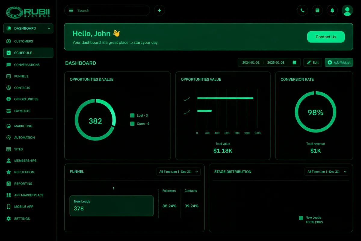 Floating dark-mode laptop showing CRM pipelines, sales analytics, and marketing reports with ruby highlights
