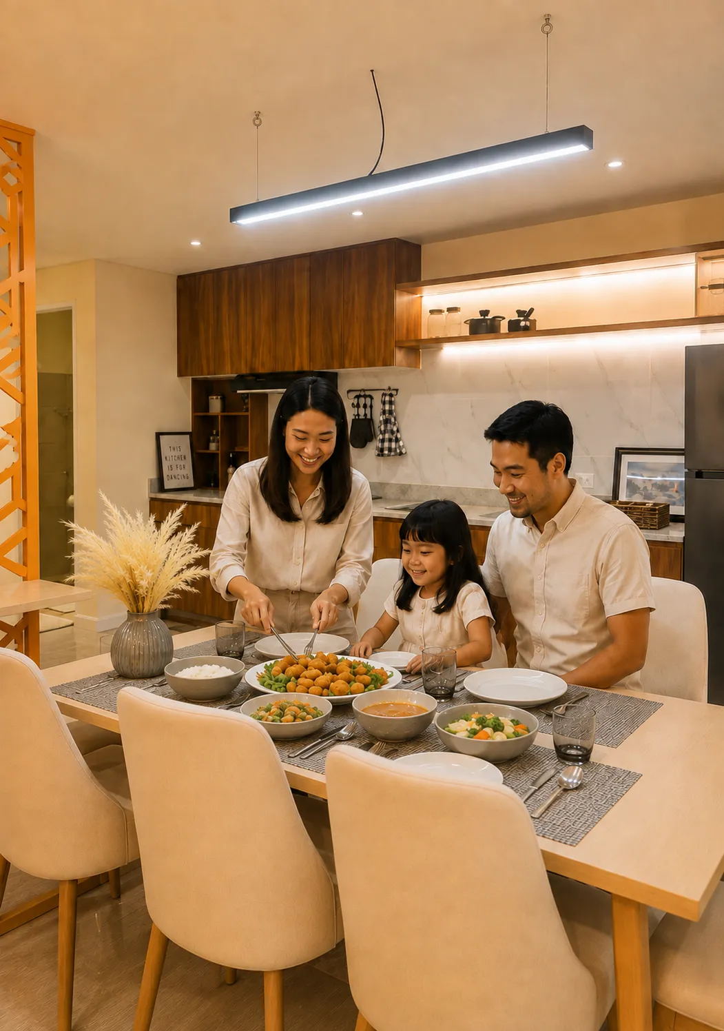 Family enjoying a meal together inside the Brooke House at La Riviera
