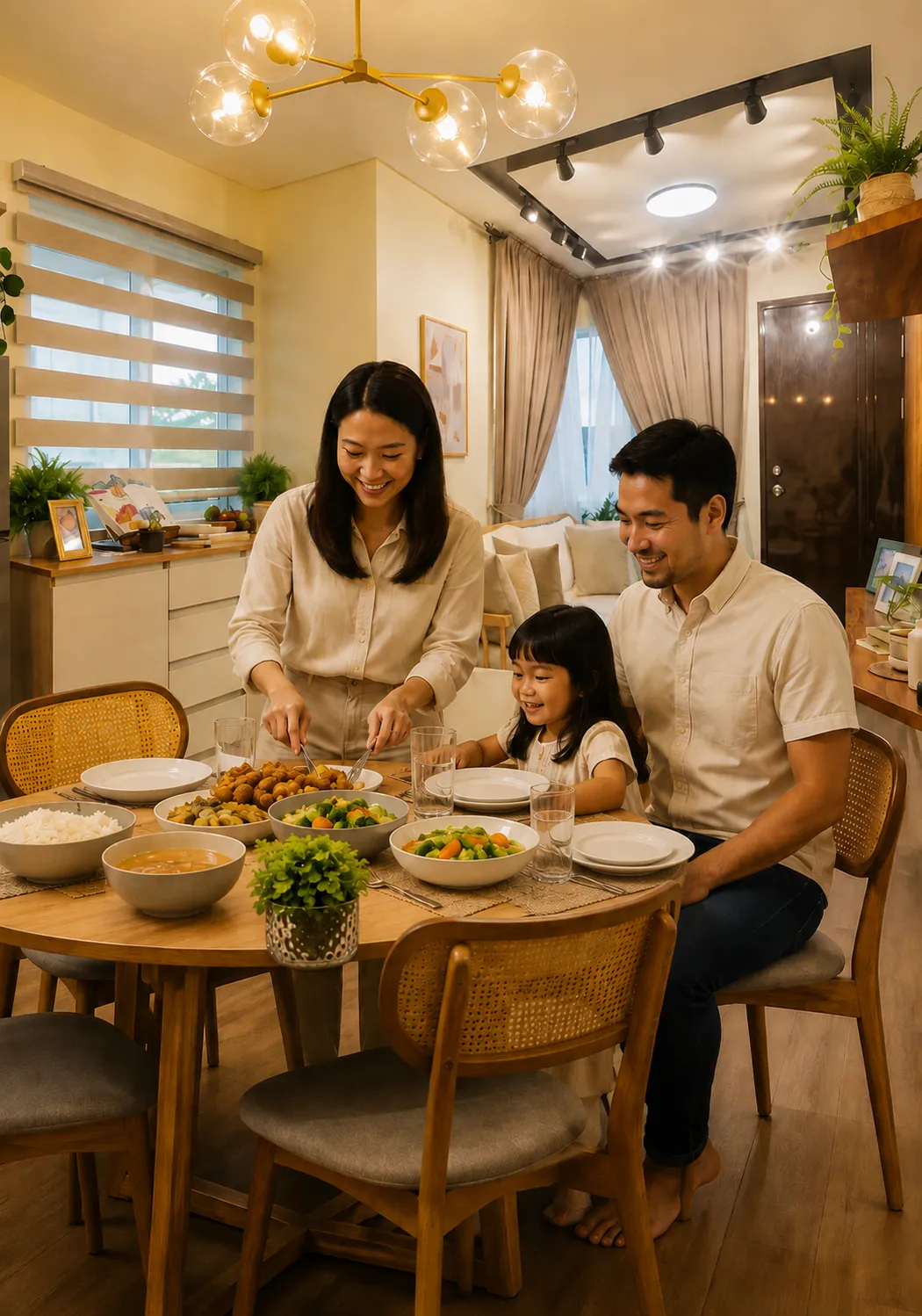 Family enjoying a meal together inside the Dale House at La Riviera