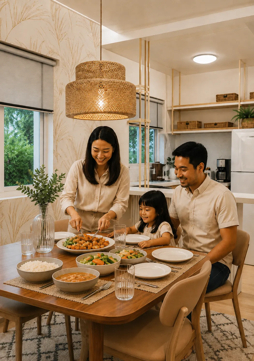 Family enjoying a meal together inside the Brooke House at La Riviera