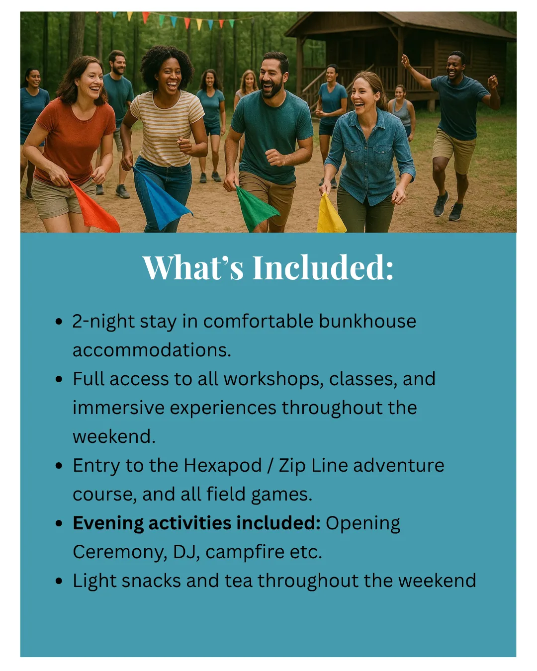 Group of people at camp playing a field day game with flags laughing