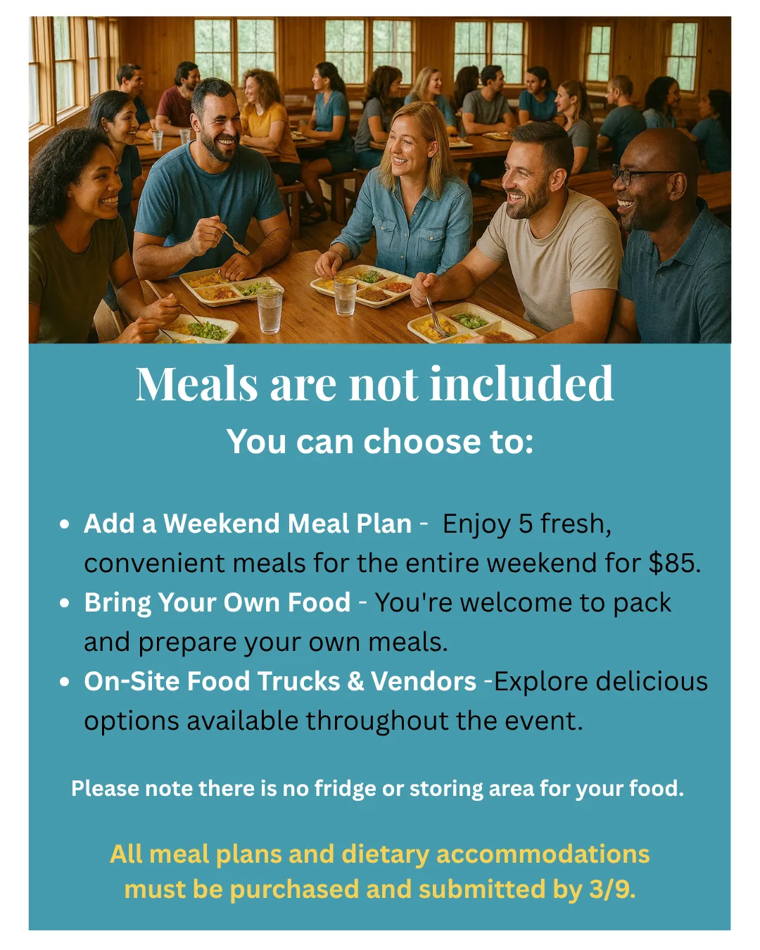 group of people sitting at a lunch table at camp eating food and connecting.