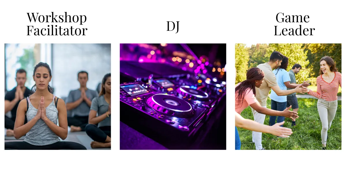 Collage showing a group meditation session, a DJ mixing music, and people playing outdoor field-day games to represent the wellness, music, and play experiences at Feel Day