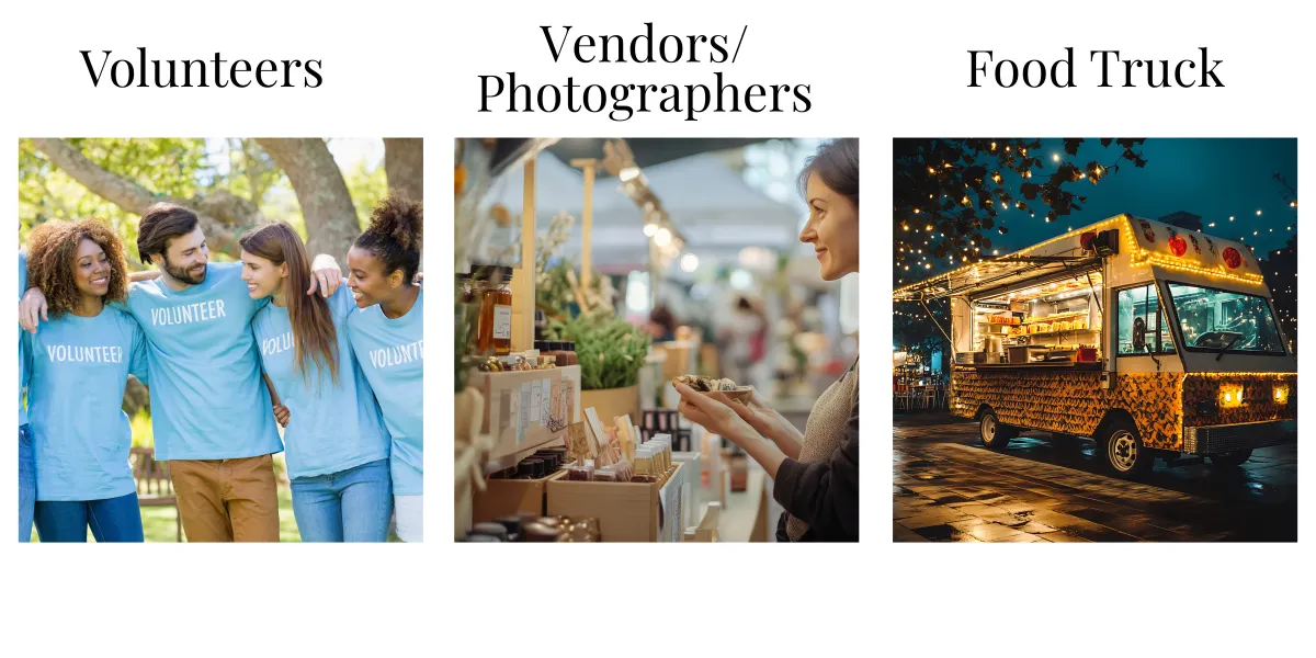 Collage of volunteers smiling in matching shirts, a vendor setting up products at a market booth, and a brightly lit food truck at night, representing the volunteer teams, marketplace vendors, and food options available at Feel Day