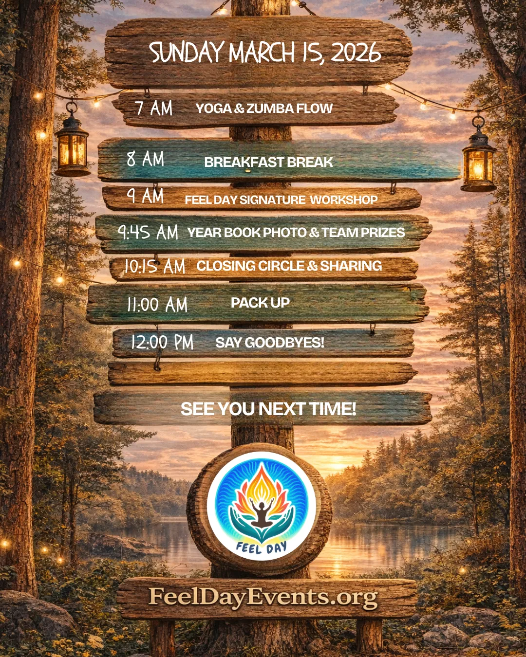 Feel Day transformation wellness retreat camp schedule for Sunday.