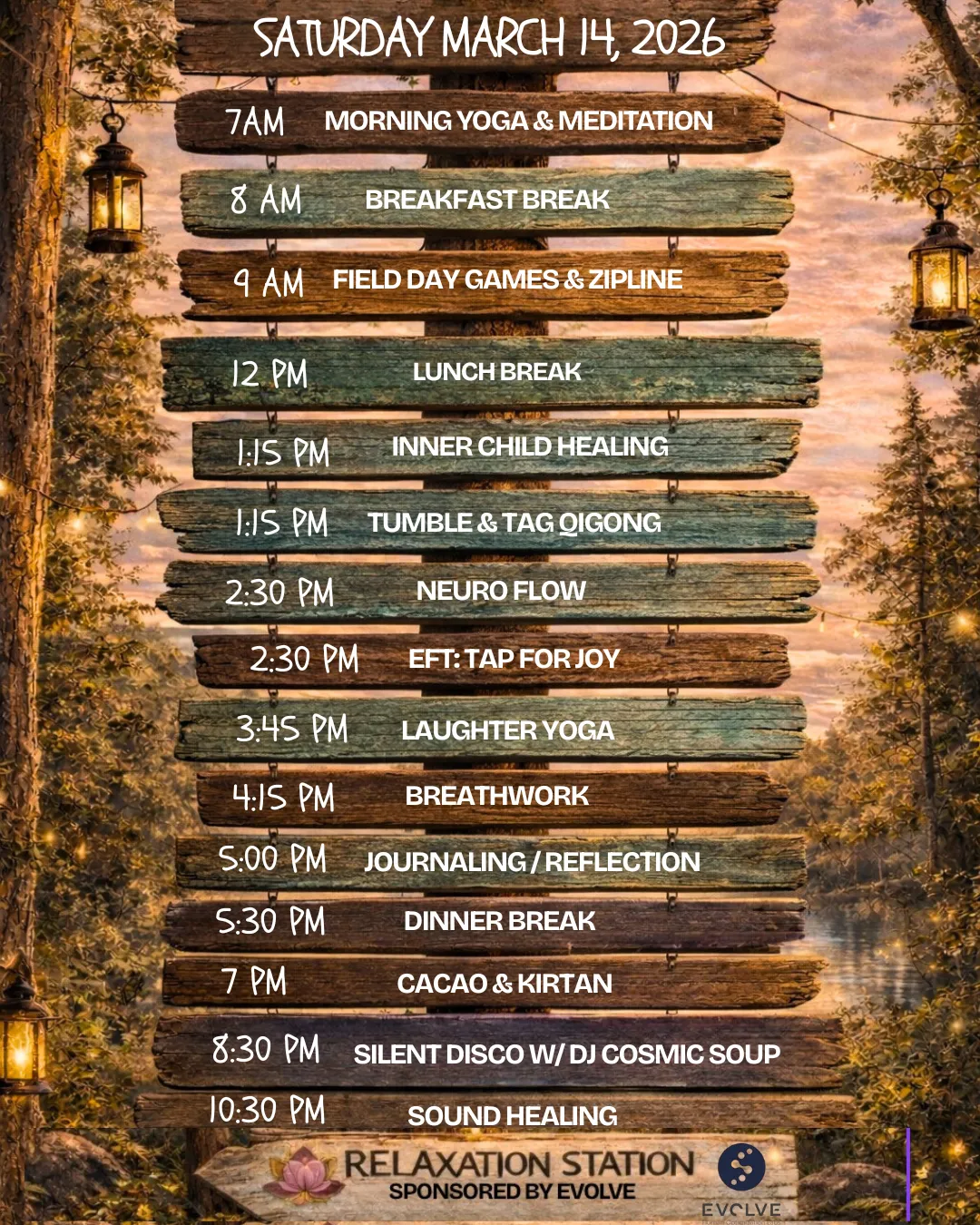 Feel Day 2026 transformation adult wellness retreat camp schedule. Yoga, meditation, field day games, zipline, ropes course, qigong, meditation, EFT, breathwork, sound healing, silent disco, cacao, Kirtan