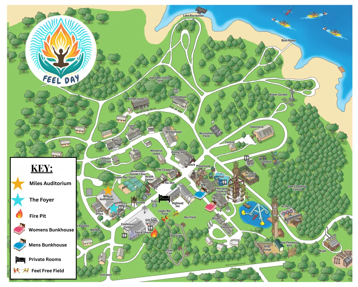 Map of the property with a legend of feel day areas