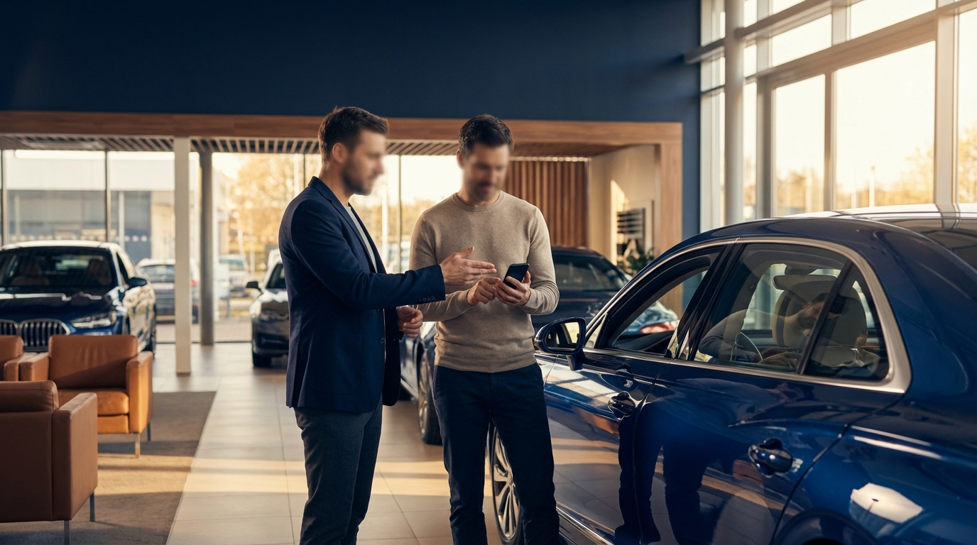 Car salesperson sending a text message to a customer from a dealership lot with a smartphone showing a lead conversation