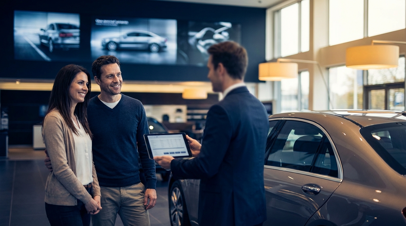 Car dealership sales floor with AI-powered notifications on a salesperson's smartphone showing instant lead responses, appointment bookings, and inventory alerts
