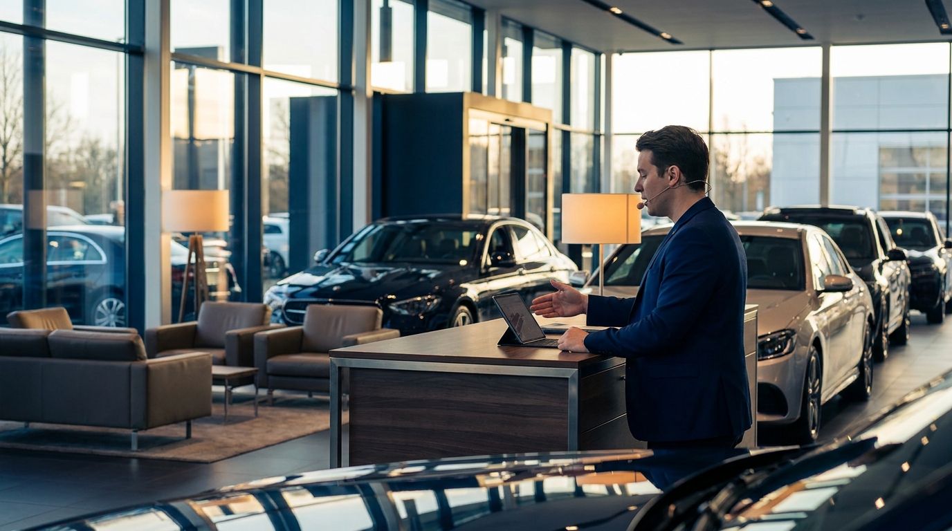 A car dealership phone ringing with an AI voice agent answering a buyer's call after hours, with a CRM dashboard showing the booked appointment in the background