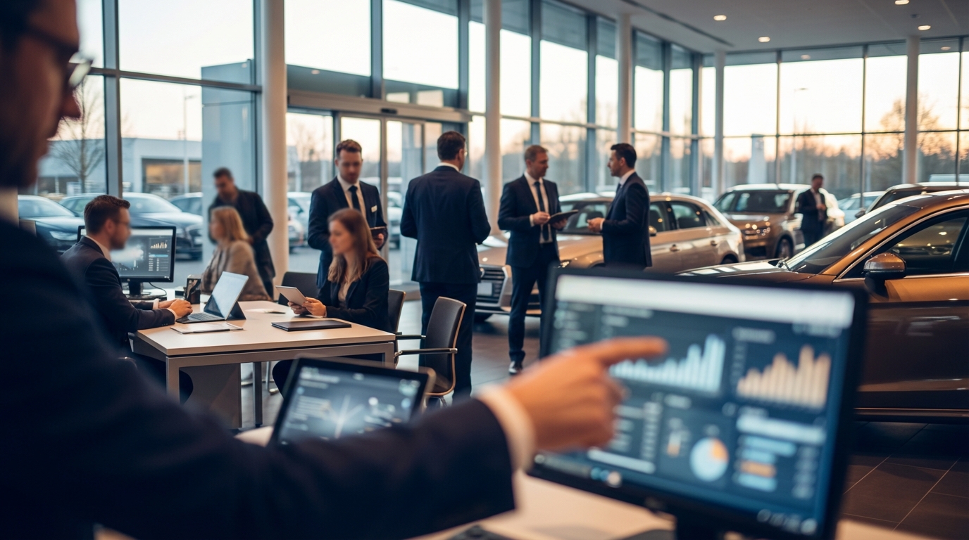 Data dashboard showing dealership performance metrics including speed-to-lead response times, Facebook Marketplace inquiry rates, and multi-channel conversion charts on a modern analytics screen
