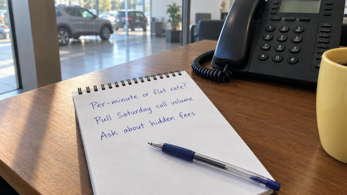 Owini AI voice agent pricing for dealerships: a GM comparing per-minute and flat-rate voice AI costs on a dashboard