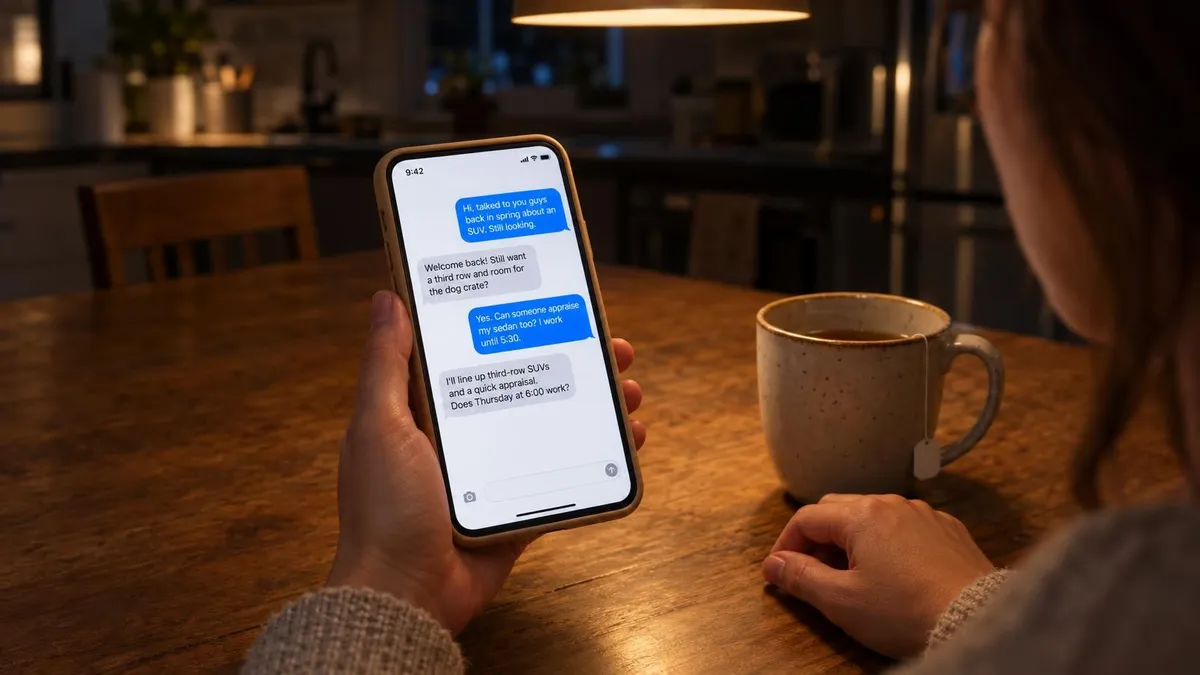 Owini Impel alternatives: a GM comparing AI sales agent dashboards for texting, outbound calls and CRM on a dealership office monitor