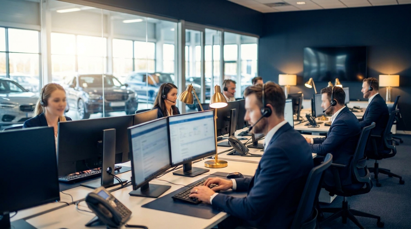 A busy car dealership BDC office with reps on headsets and screens showing lead response dashboards, CRM pipelines, and speed-to-lead metrics