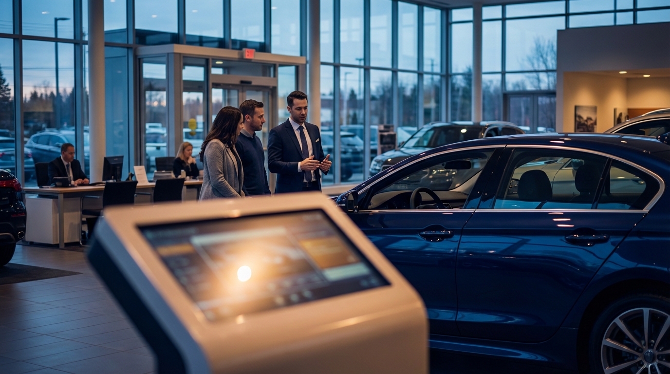 Side-by-side comparison of a traditional dealership BDC call center with multiple agents versus a single AI-powered dashboard handling lead responses instantly on a computer screen