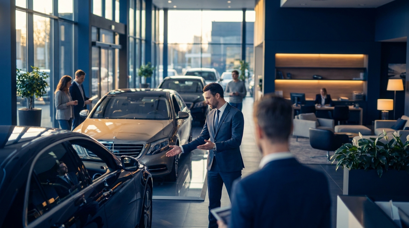 Car dealership manager reviewing software pricing on a laptop at their desk, comparing monthly costs and features across different automotive platforms
