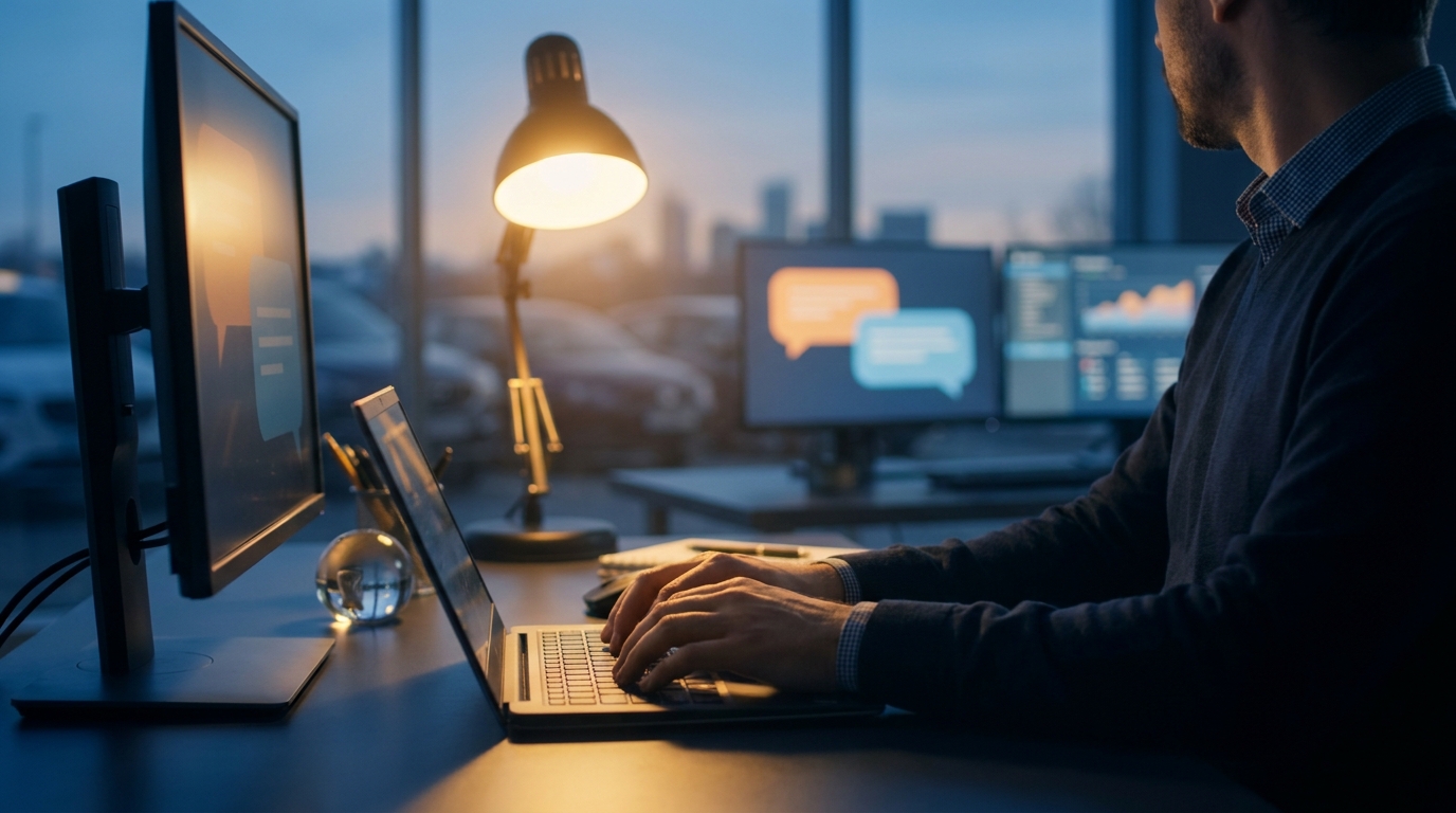 Car dealership sales manager reviewing upcoming appointments on a mobile CRM dashboard while a salesperson greets a customer arriving for a scheduled test drive