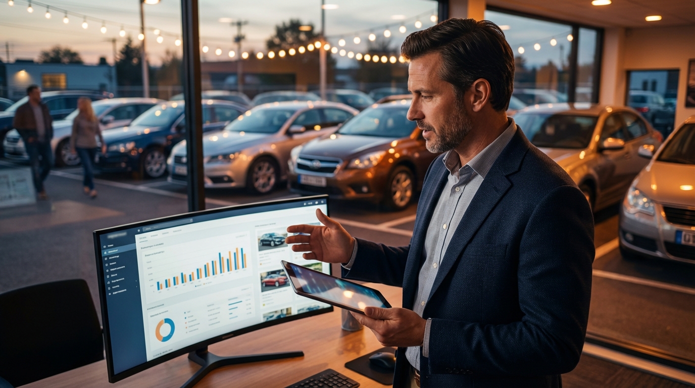 Independent used car dealer reviewing CRM dashboard on a tablet while standing on a small dealership lot with rows of used vehicles behind them