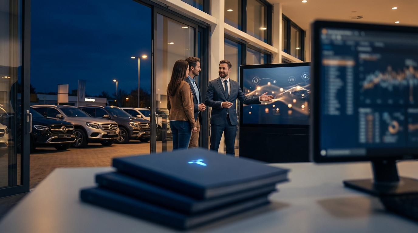 Split-screen comparison showing a dusty binder of printed dealership sales scripts on one side and a modern smartphone displaying AI-generated personalized text messages to car leads on the other