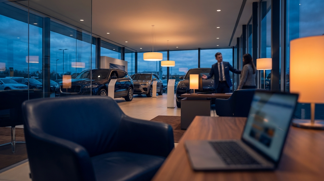 Car dealership manager comparing CRM software reviews on a laptop screen showing G2 ratings and star reviews, with a busy showroom floor visible in the background