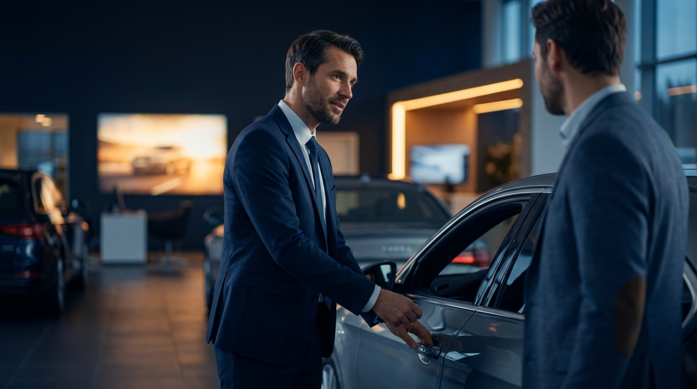 Car dealership sales manager comparing text message templates on a screen versus an AI-powered automated messaging dashboard showing instant lead responses and conversation threads