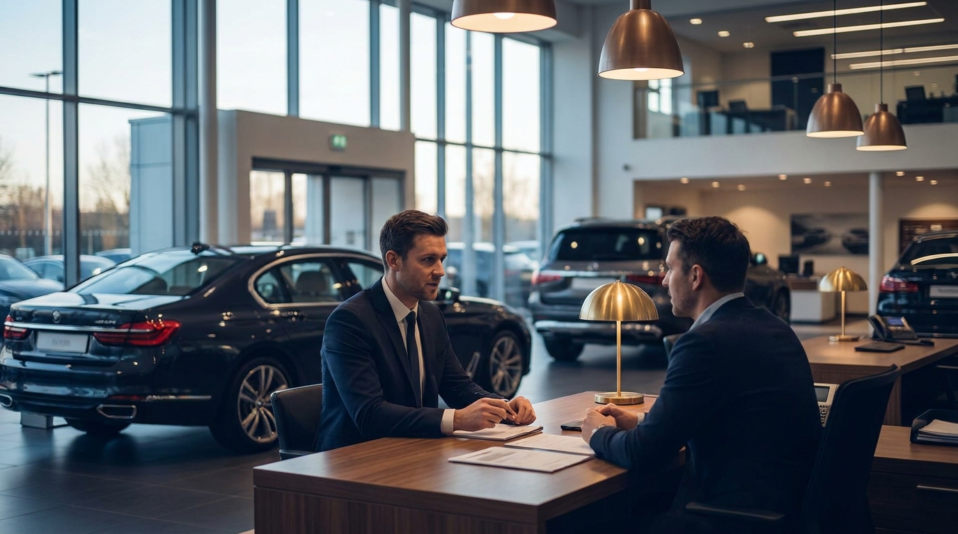 Car salesperson reviewing software subscription contract terms on a laptop at a dealership desk, weighing refund policy risks before signing up