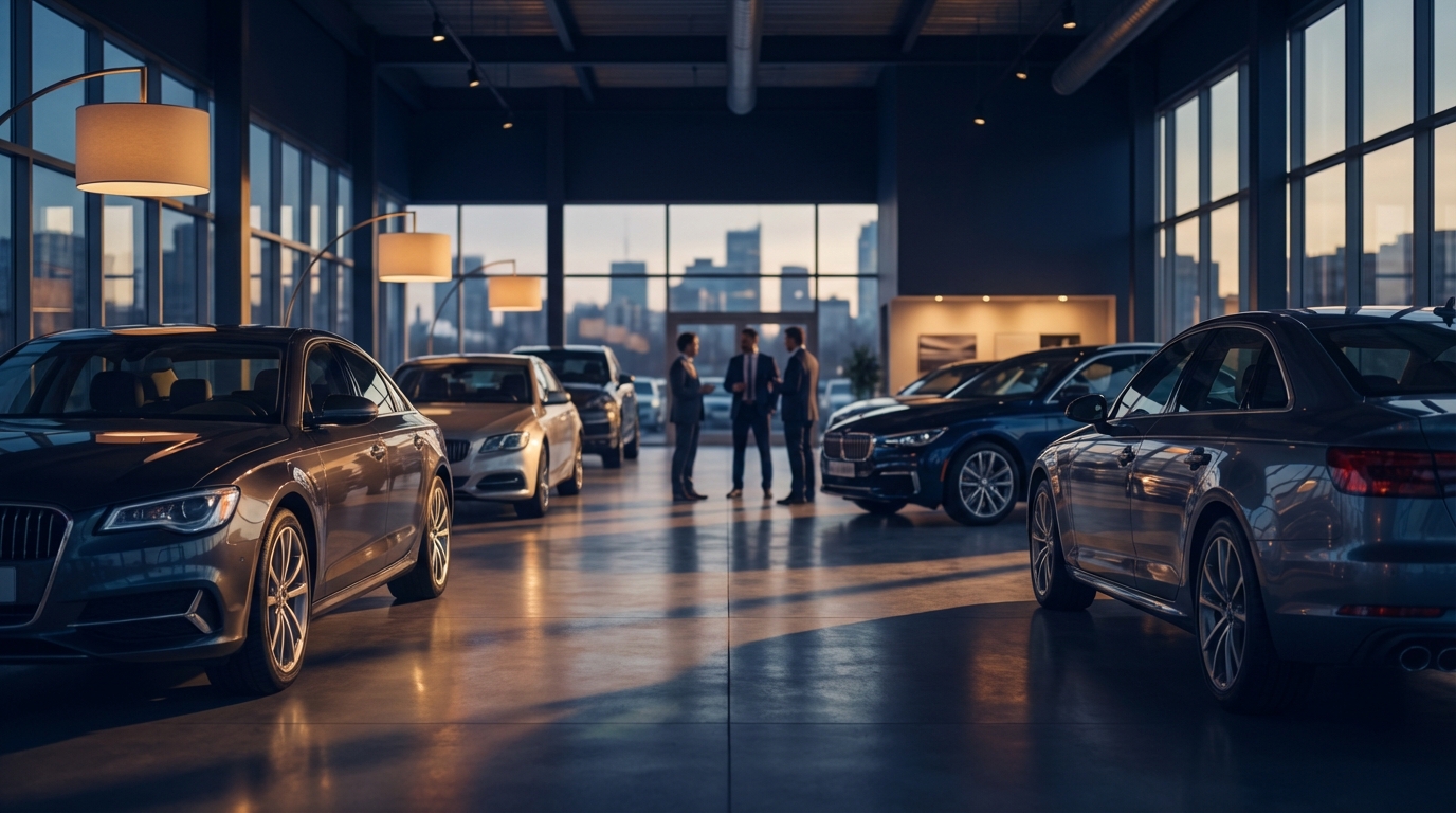 Search engine results page showing G2 reviews, DealerRefresh forum threads, and CRM comparison content ranking for DriveCentric and VinSolutions queries, with a dealership manager evaluating options on a laptop