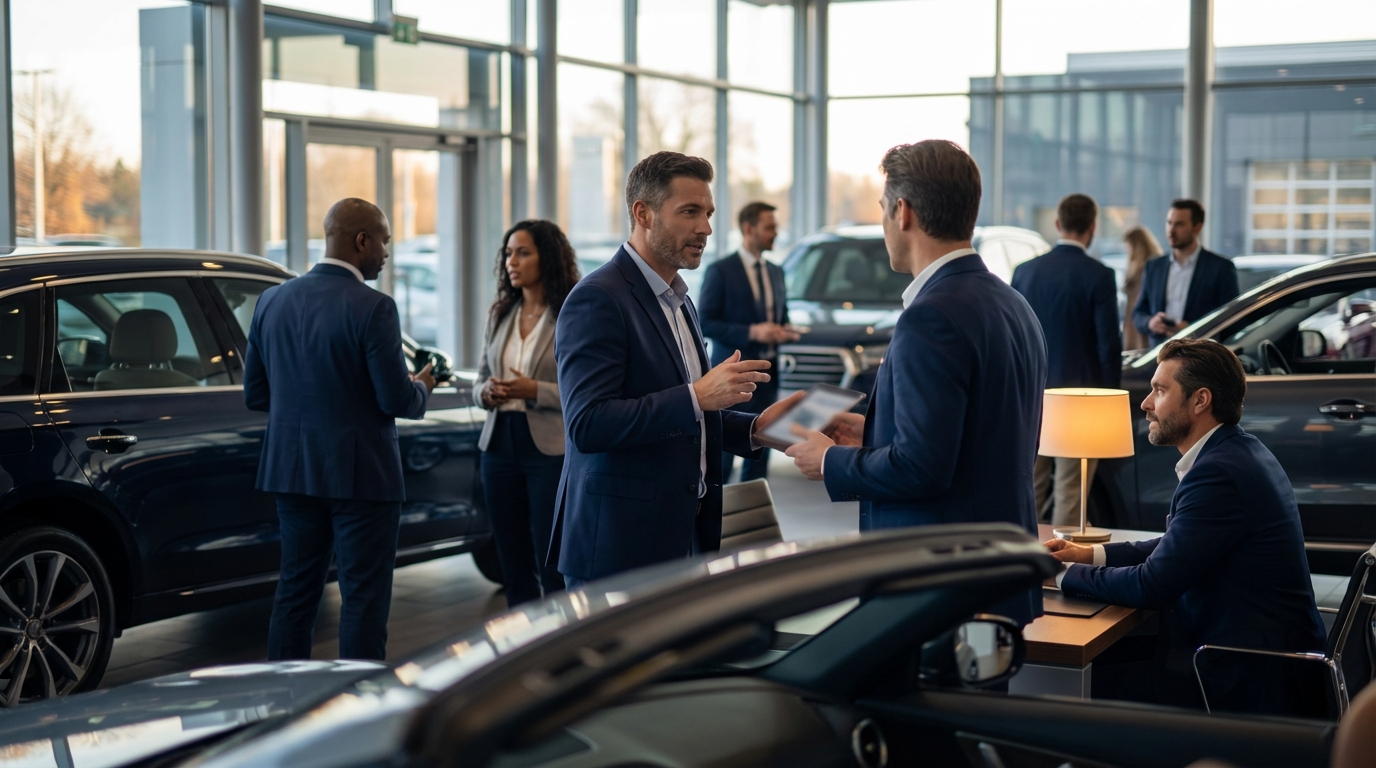 A car dealership BDC representative using text message templates and email follow-up scripts on a laptop and phone, with a CRM dashboard showing lead response metrics in the background